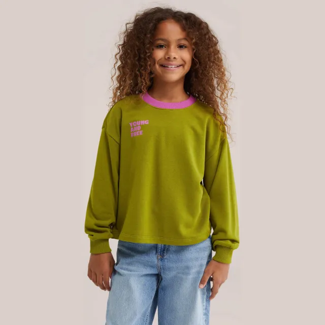 WE Fashion sweater met tekst - olijfgroen/roze