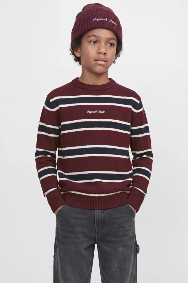 Jack & Jones JUNIOR junior gebreide gestreepte trui - roodbruin/donkerblauw/wit