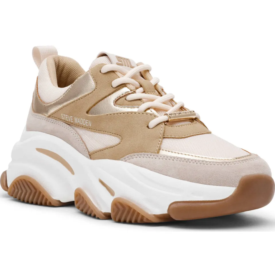 Steve Madden Progressive chunky leren sneakers beige/goud, foto 8