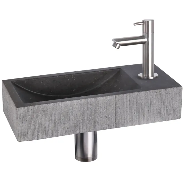 Fonteinset Differnz Ribble Natuursteen 38x18x8 cm Zwart Met Rechte Kraan Mat Chroom