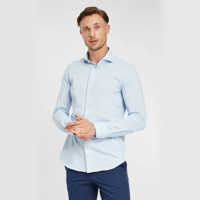 Profuomo gebreid slim fit strijkvrij overhemd blauw lichtblauw