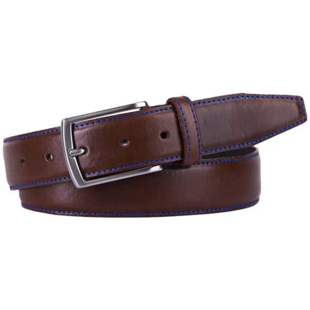 Profuomo leren riem met stiksel donkerbruin donkerbruin/kobalt blauw