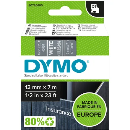 Dymo 45020 (S0720600) Tape Wit op transparant (12 mm), foto 2