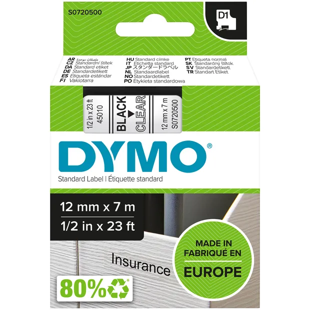 Dymo 45010 (S0720500) Tape Zwart op transparant (12 mm), foto 3