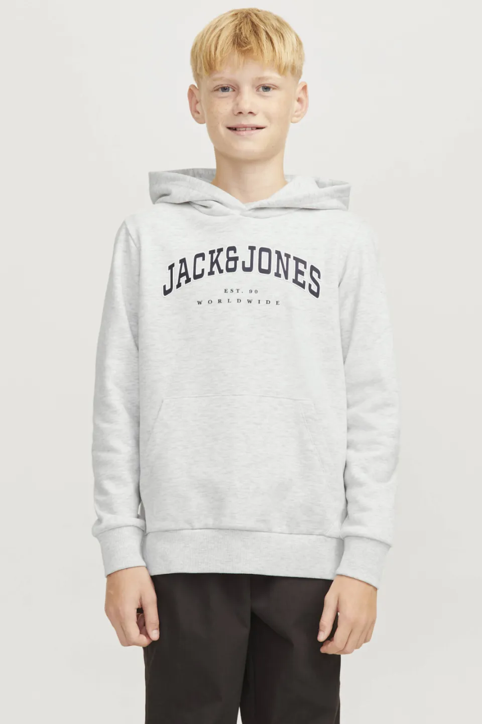 Jack & Jones JUNIOR hoodie JJECALEB VARSITY met logo wit melange
