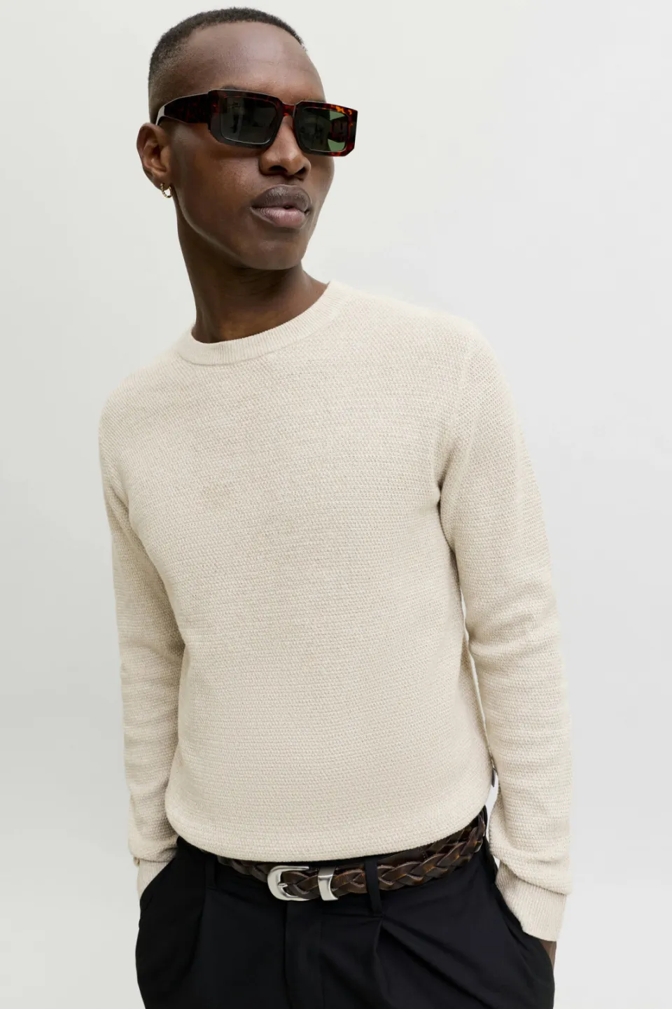 Jack & Jones ESSENTIALS katoenen regular fit gebreide gemêleerde trui - greige greigedetail:twist, foto 5