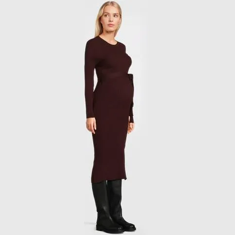 LOVE2WAIT zwangerschaps midi jurk met ceintuur donkerrood burgundy, foto 2