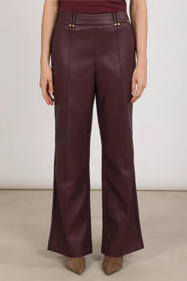 NUKUS imitatieleren wide leg coated broek - aubergine, foto 3