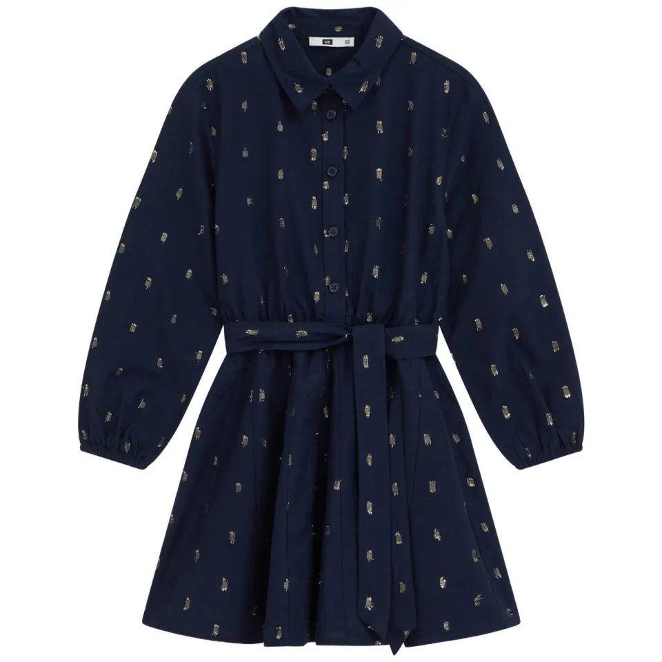WE Fashion korte jurk met glitterprint donkerblauw donkerblauw/goud, foto 2