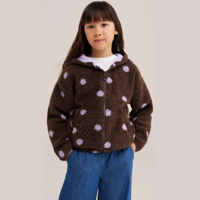 WE Fashion winterteddyjas met stippen donkerbruin Donkerbruin/lila