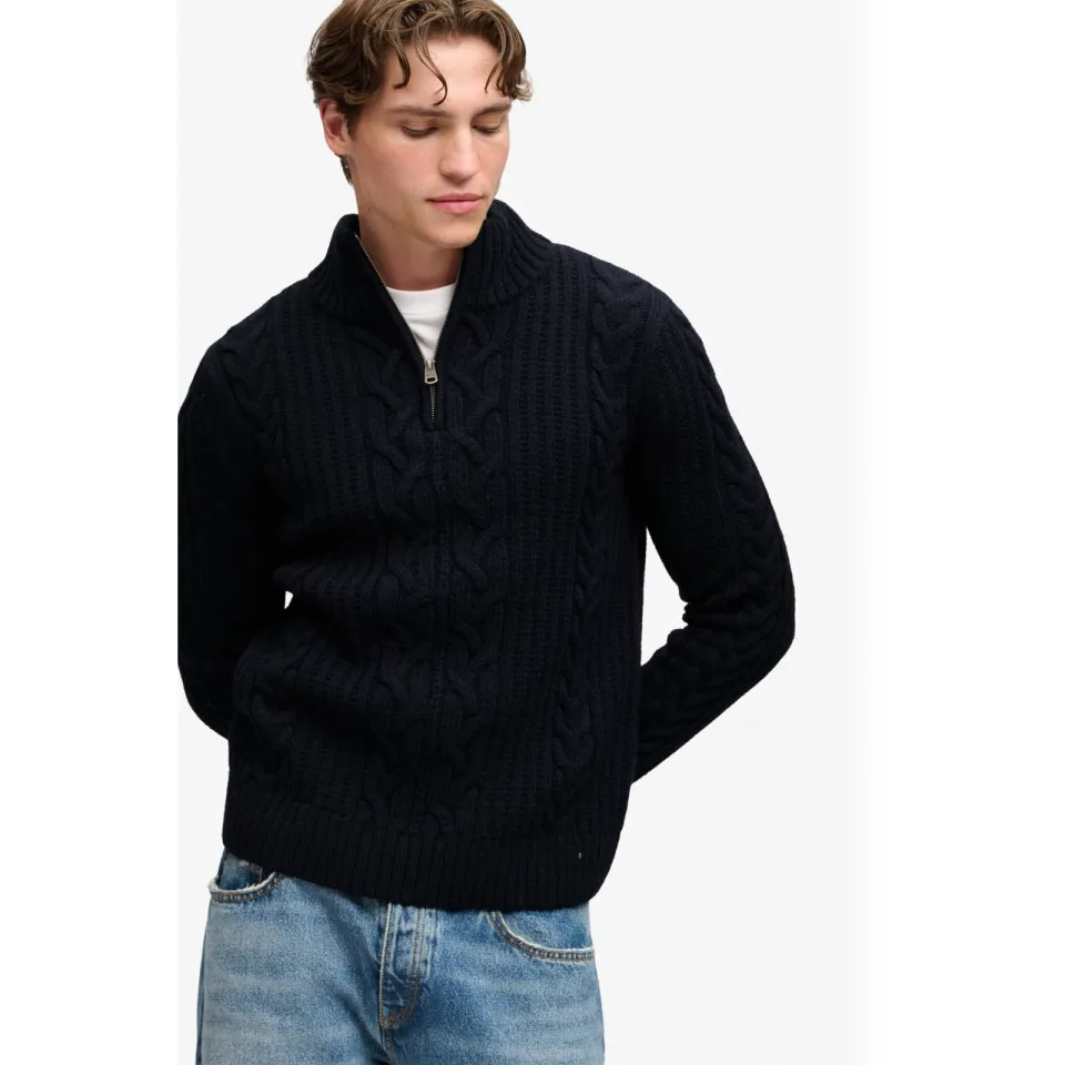Superdry slim fit gebreide kabeltrui met kabels en wol - marineblauw, foto 3