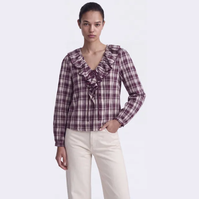 Only geruite blouse met ruches - rood Rood/ecru