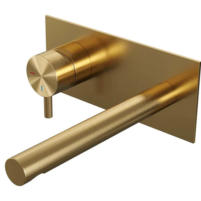 Inbouw Wastafelmengkraan Brauer Gold Edition Coldstart Rechte Uitloop Korte Ronde Hendel Links Geborsteld Goud PVD Met Afdekplaat