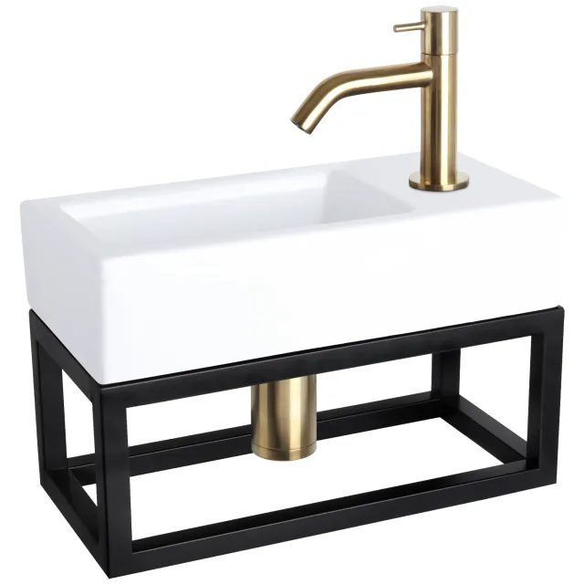 Differnz Fonteinset Differnz Ravo Keramiek Met Handoekrek 38.5x18.5x9 cm Wit Met Gebogen Kraan Mat Goud