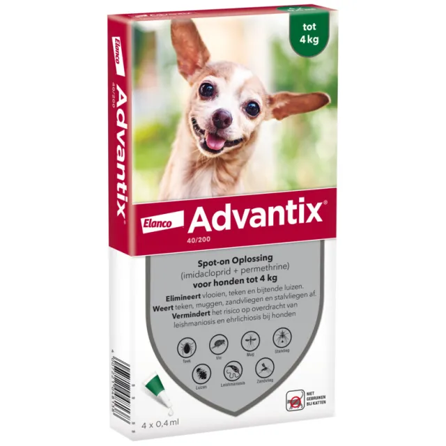Advantix Spot On 40 Anti Vlooien en Teken Druppels Hond tot 4 kg 4 pipetten