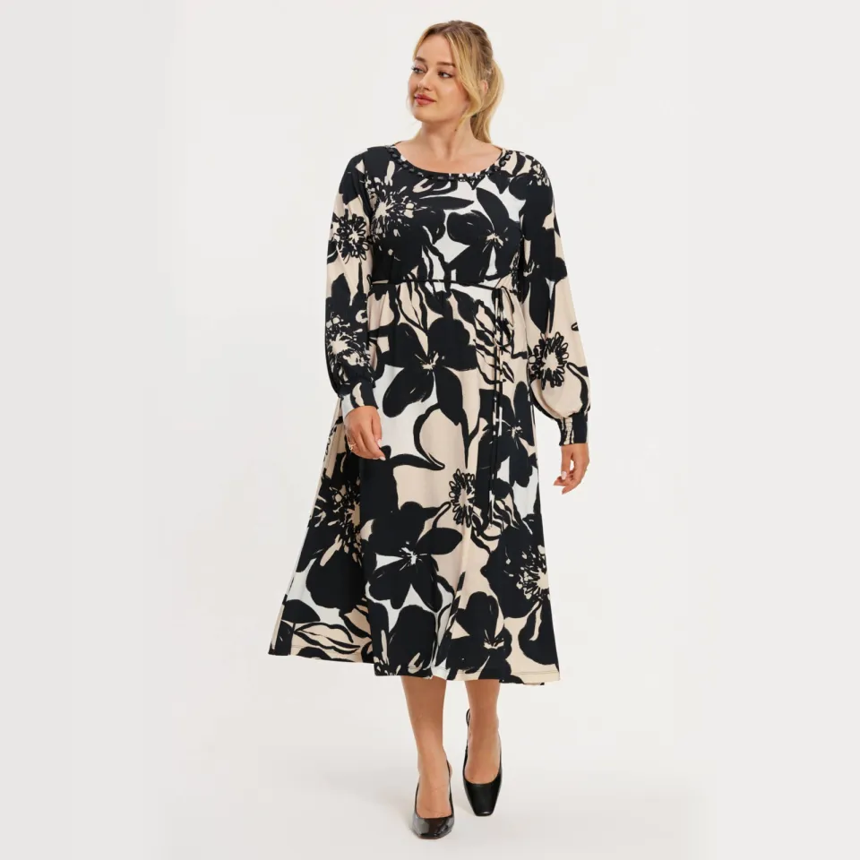 Yoek Ombre midi jurk zwart Ecru/zwart