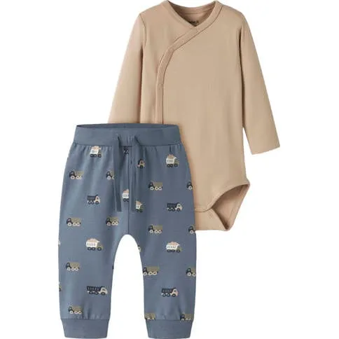 NAME IT BABY katoenen broek/romper set met print - lichtbruin Jongens Stretchkatoen Ronde hals Lichtbruin/blauw