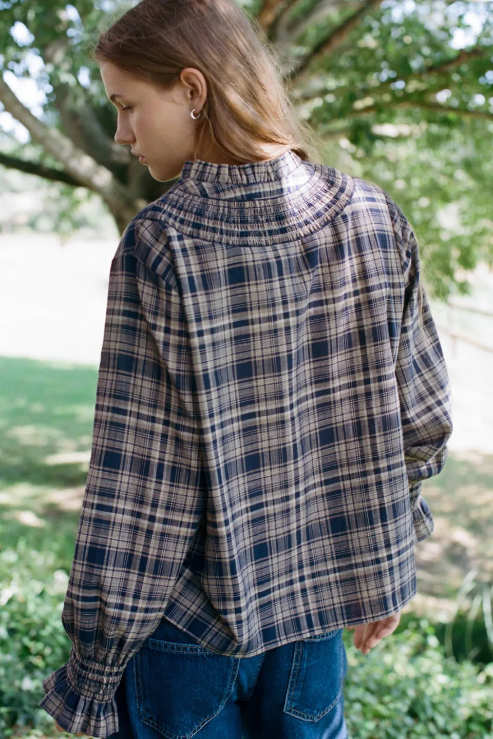 Mango geruite blouse met ruches donkerblauw, foto 7