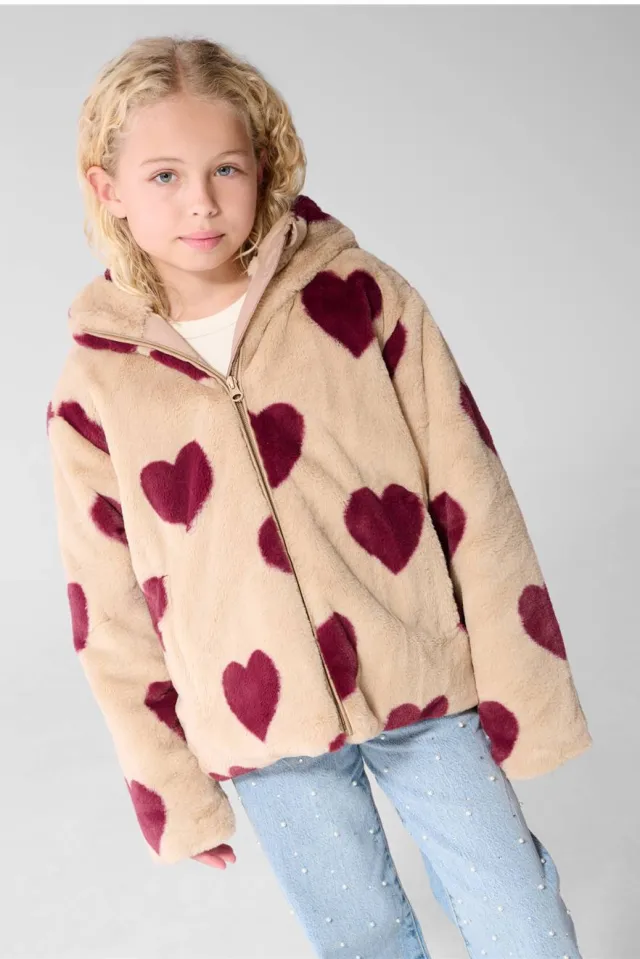 Shoeby teddy winterjas met hartjes - beige/donkerrood