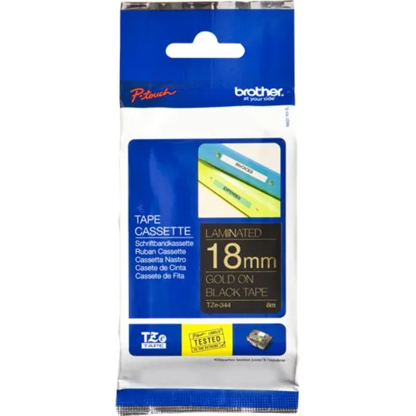 Brother TZe-344 Tape Goud op zwart (18 mm)