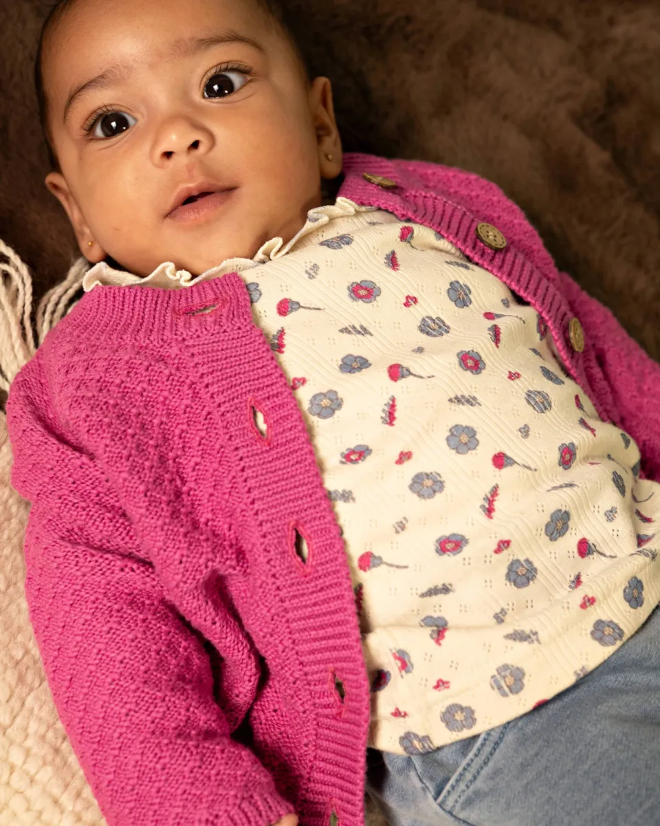 BESS gebloemde longsleeve met ruches ecru Beige/blauw/roze