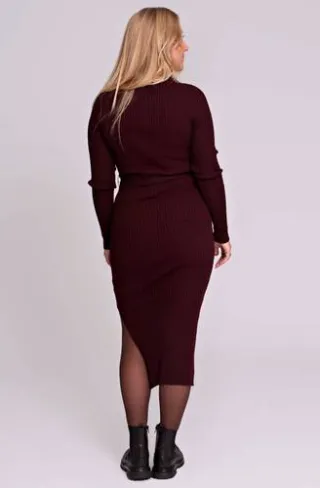 LOVE2WAIT zwangerschaps midi jurk met ceintuur donkerrood burgundy, foto 3