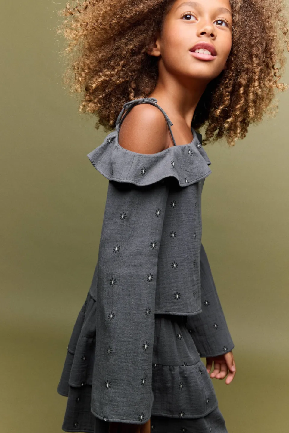 Mango Kids gebloemde midi strokenrok met ruches grijs, foto 3