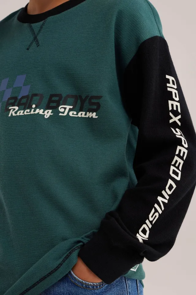 WE Fashion Bad Boys katoenen gebreide trui met tekst - groen/zwart