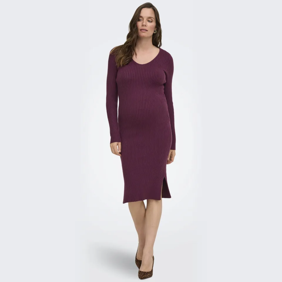 Only MATERNITY gebreide midi jurk V-hals donkerpaars