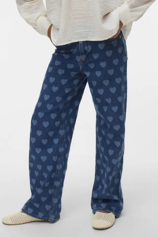 Vero Moda GIRL high waist wide leg jeans met hartjes medium blue denim, foto 3