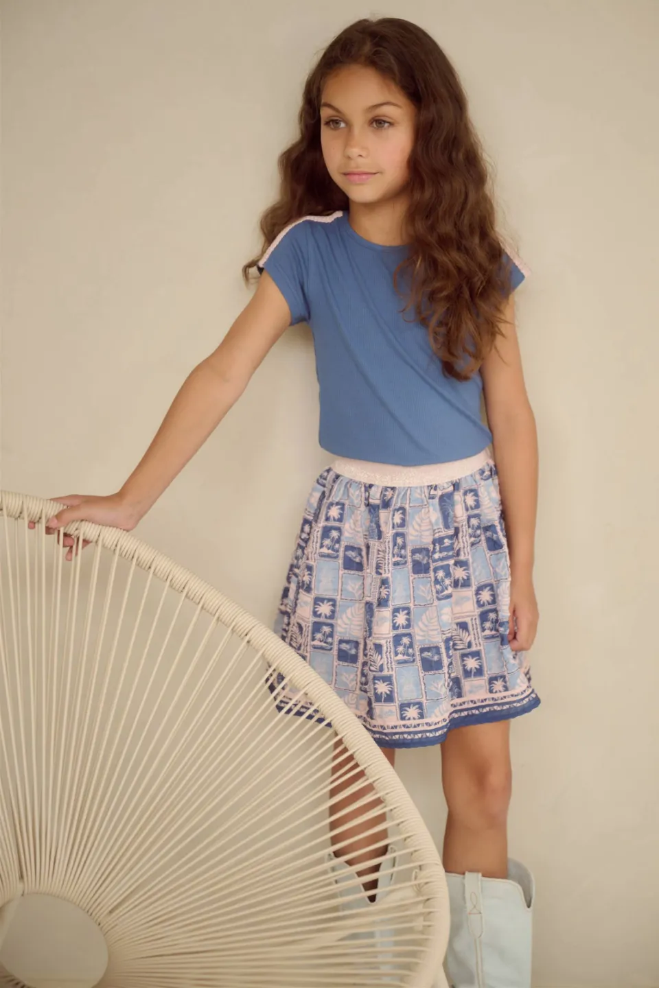 Nono T-shirt blauw ribgebreid Blauw/roze