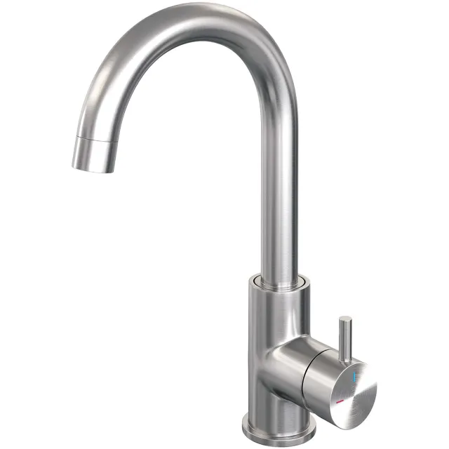 Brauer Wastafelmengkraan Brauer Brushed Edition Coldstart Opbouw Hoog Gebogen Korte Ronde Hendel Geborsteld RVS PVD