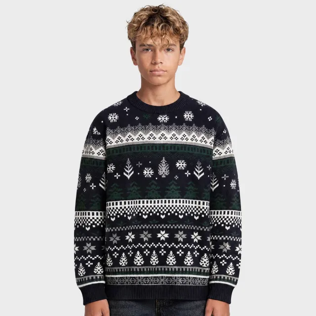 Redefined Rebel junior katoenen gebreide trui met print - donkerblauw/wit/groen
