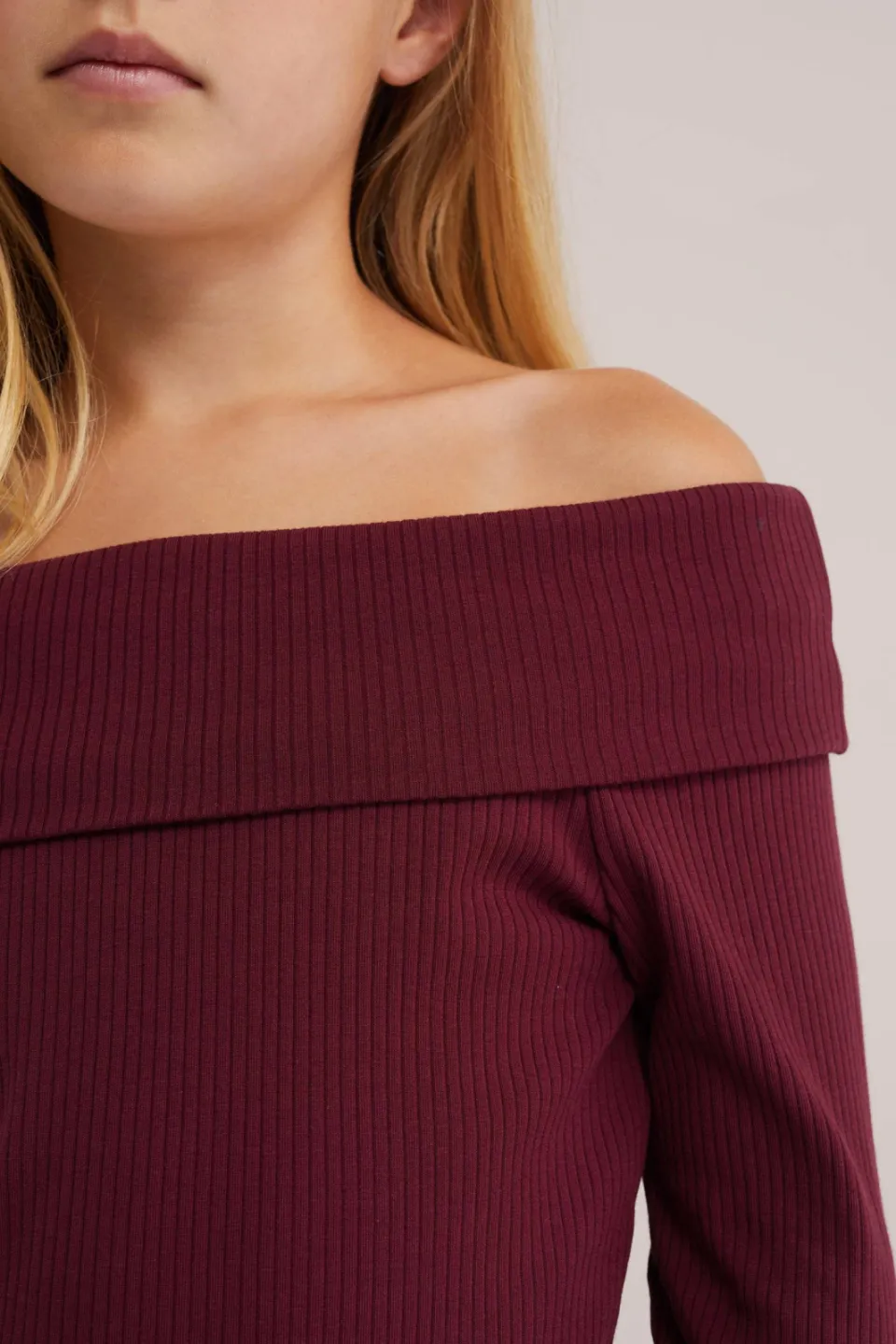 WE Fashion off shoulder gebreide top donkerrood, foto 6