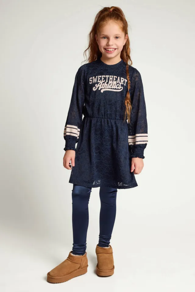 LOOXS little kanten A-lijn jurk met tekst donkerblauw