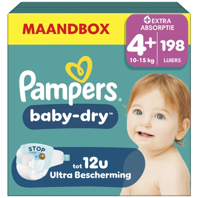 Pampers Baby-Dry Maat 4+ maandbox - 198 luiers - 10kg-15kg