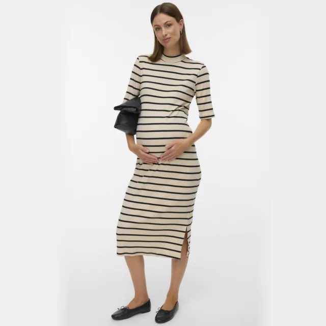Mamalicious Mllane gestreepte zwangerschaps maxi jurk ecru