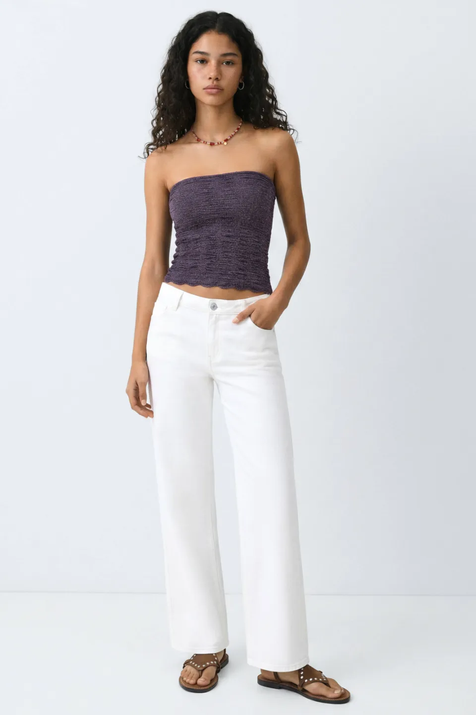 Mango strapless top met glitters aubergine
