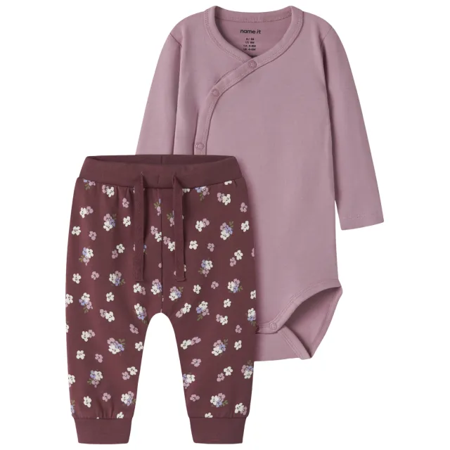 NAME IT BABY katoenen gebloemde broek en romper set - paars Lila/donkerrood