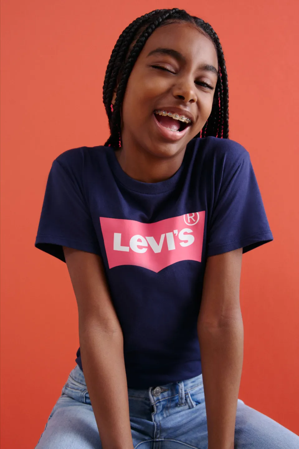 Levi's T-shirt Batwing met logo donkerblauw/roze