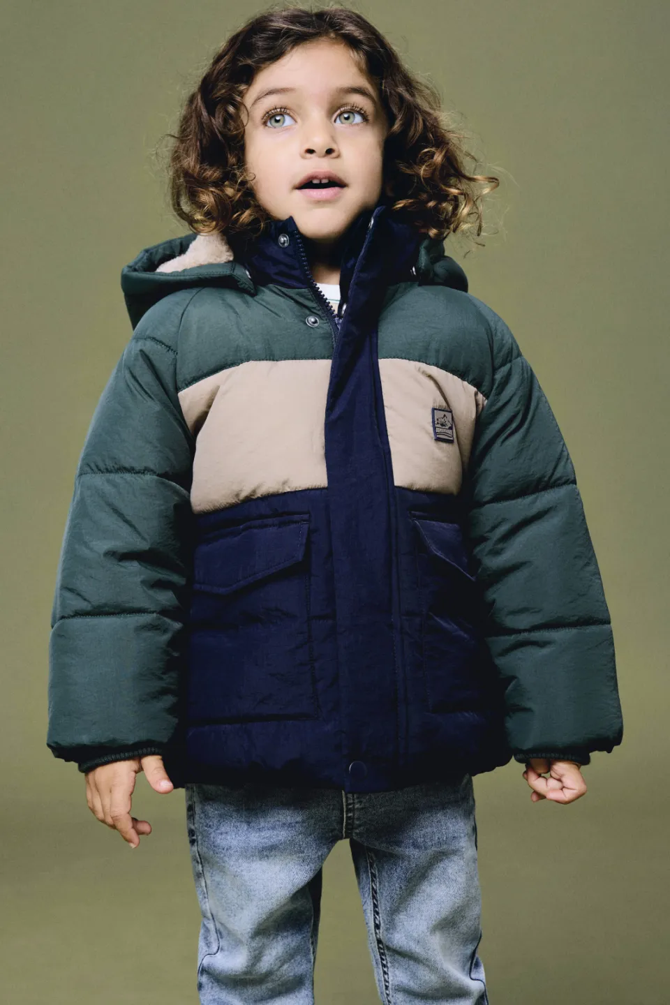 NAME IT MINI winterjas capuchon donkerblauw/groen/beige