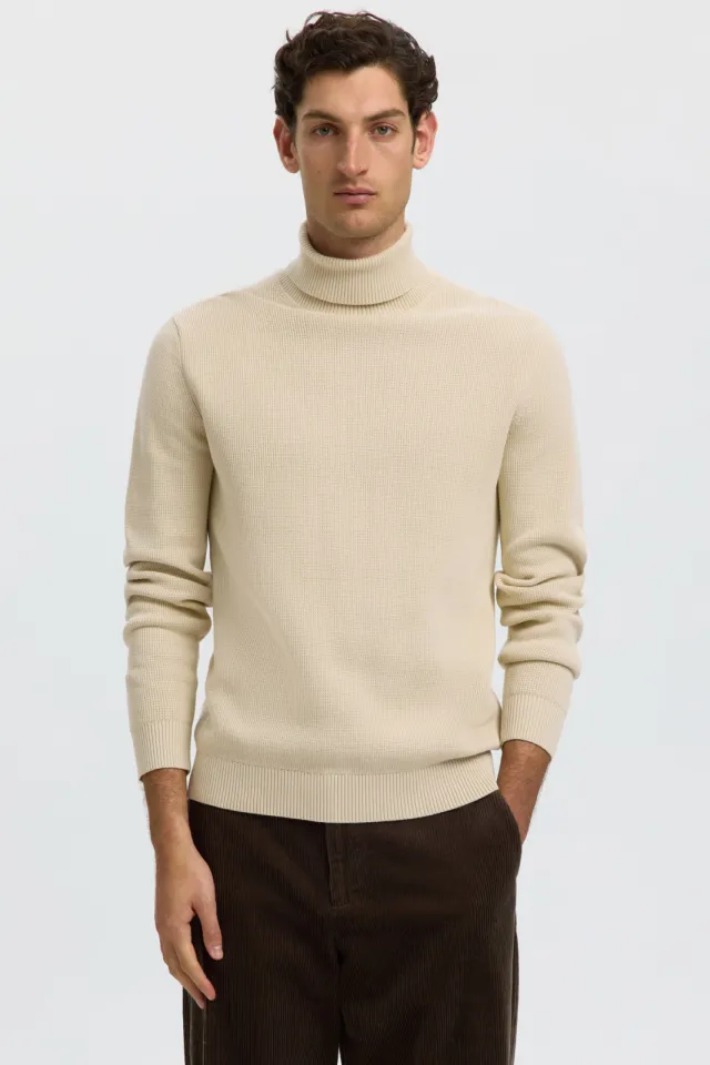 SELECTED MEN Selected katoenen regular fit gebreide coltrui - oatmeal Beige