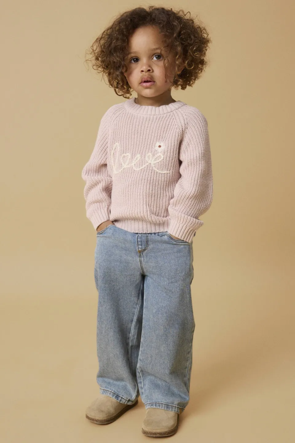 Lil' Atelier MINI katoenen regular fit gebreide trui met print en borduursels - oudroze