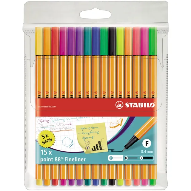 Stabilo Fineliner stabilo point 88/15 fijn assorti etui 15 stuks blauw
