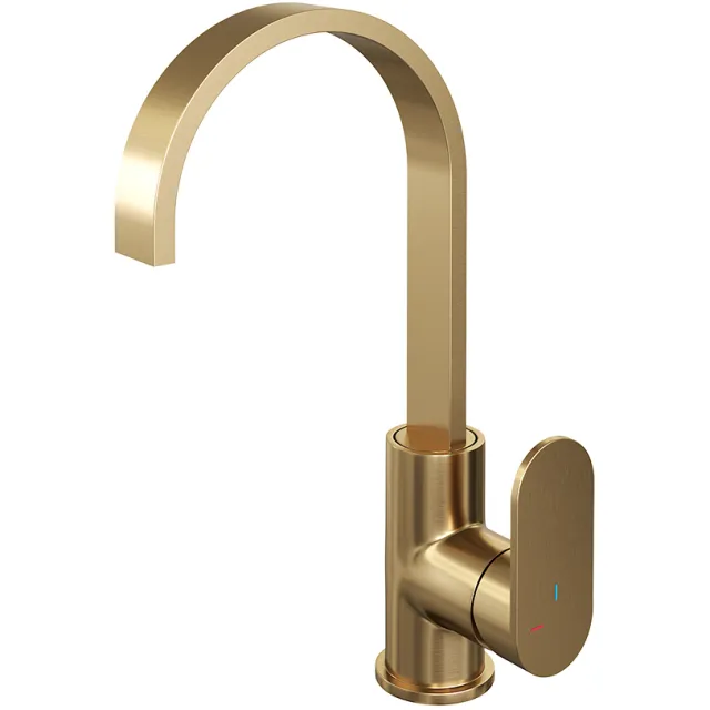 Brauer Wastafelmengkraan Brauer Gold Edition Coldstart Opbouw Hoog Plat Gebogen Platte Hendel Geborsteld Goud PVD