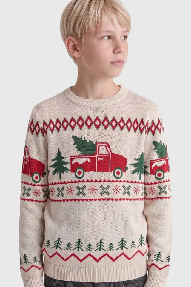 Only & Sons JUNIOR gebreide kersttrui met print - beige/rood/groen