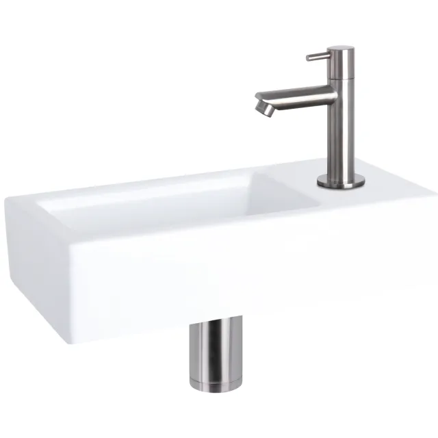 Fonteinset Differnz Ravo Keramiek 38.5x18.5x9 cm Wit Met Rechte Kraan Mat Chroom