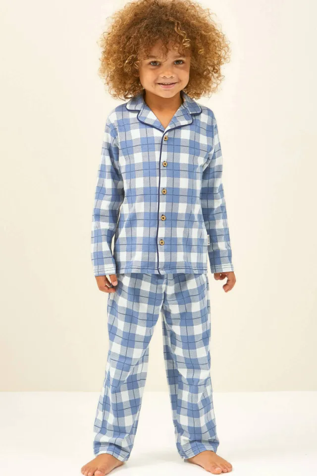 Little Label geruite pyjama blauw met klassieke kraag Blauw/wit