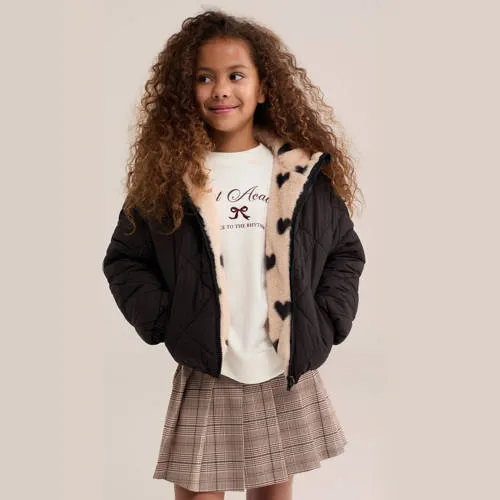 WE Fashion winterjas imitatiebont met hartjes zwar/offwhite, foto 3