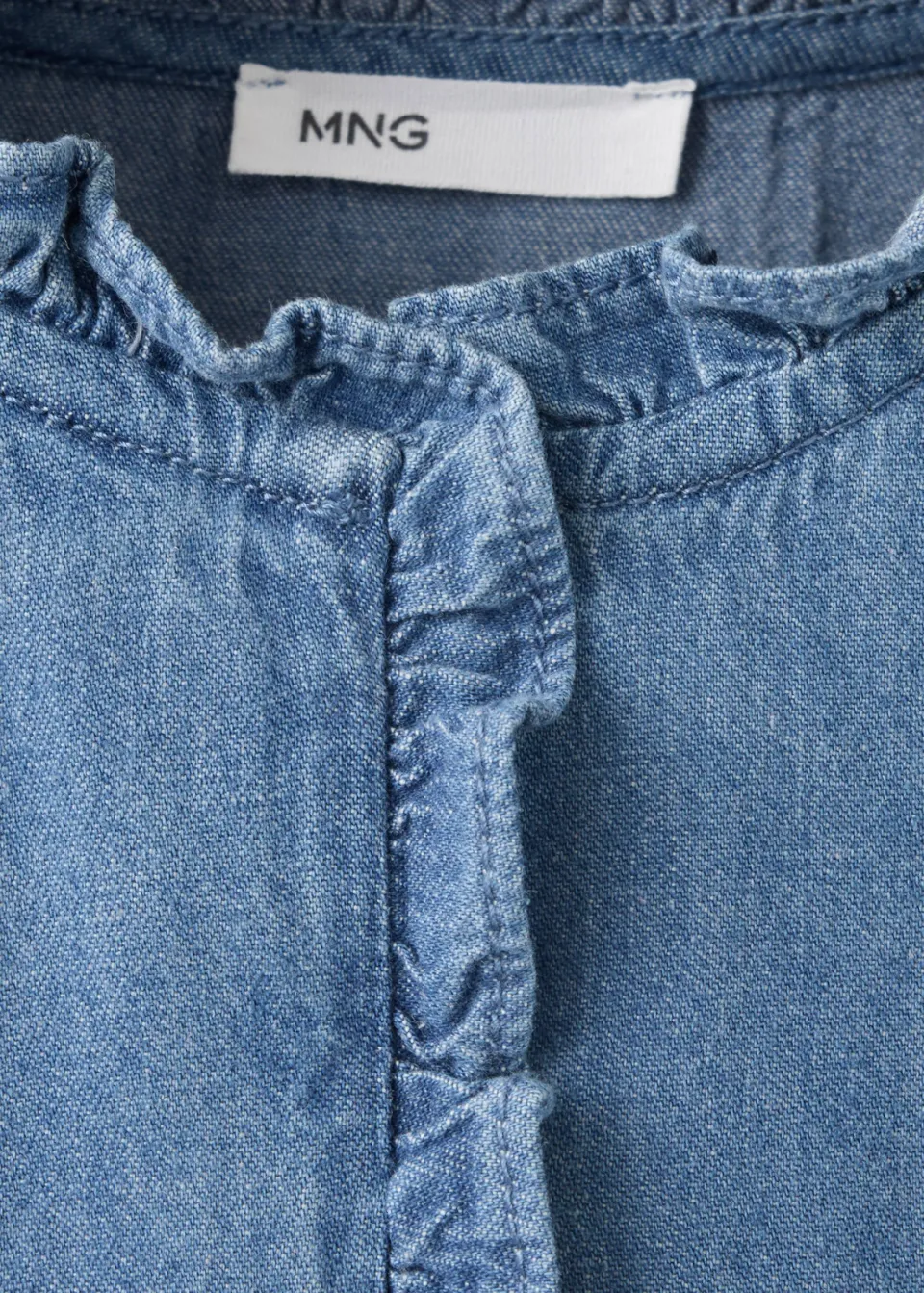 Mango denim blouse met ruches blauw, foto 7